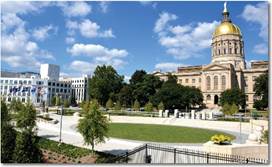 The state capitol building and its surrounding area.