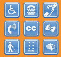 Various symbols for access such as a person in a wheelchair, a phone over a keyboard, closed captioning, and more.