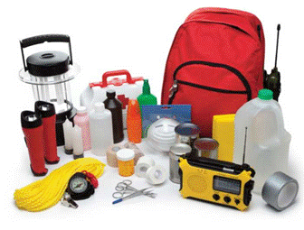 Various emergency supplies such as a lantern, rope, a compass, a jug of water, a radio, duct tape, and more.