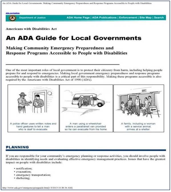 Screenshot of an article titled "An A D A Guide for Local Governments: Making Community Emergency Preparedness and Response Programs Accessible to People with Disabilities."