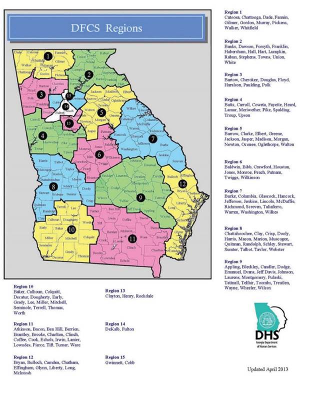 A map of Georgia showing D F C S Regions. Text to the side lists the counties in each region.