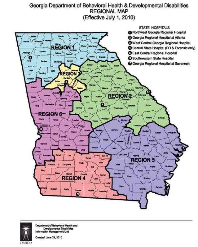 The Georgia Department of Behavioral Health and Developmental Disabilities Regional Map. It shows 6 regions and 7 state hospitals.