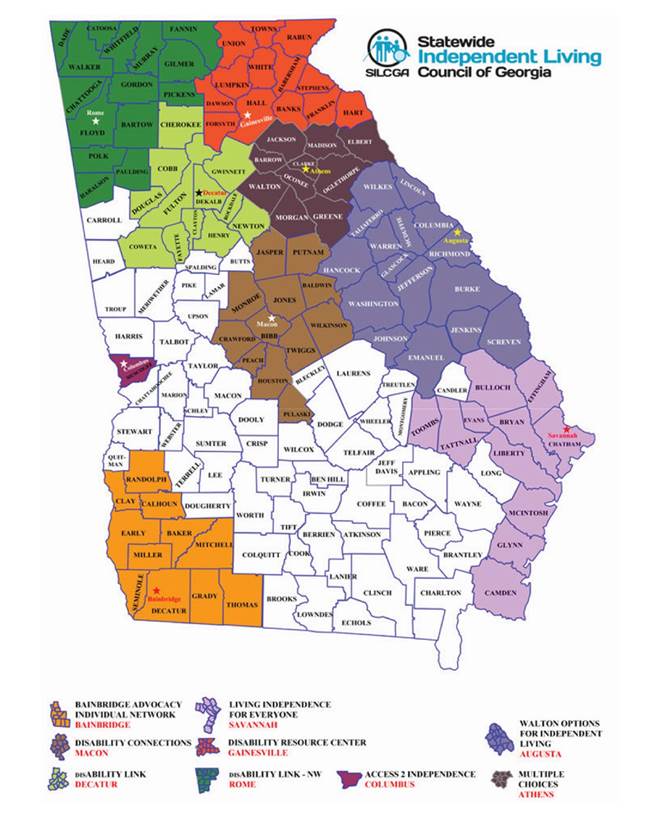The Statewide Independent Living Council of Georgia's map, showing regions and the organizations that handle them. The Bainbridge Advocacy Individual Network is based out of Bainbridge, Disability Connections is based in Macon, Disability Link is based in Decatur, Living Independence For Everyone is based in Savannah. Disability Resource Center is based in Gainesville, Disability Link N W is based in Rome. Access 2 Independence is based in Columbus. Walton Options for Independent Living is based in Augusta. Multiple Choices is based in Athens.